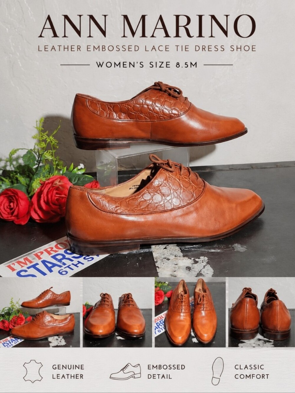ANN MARINO Leather Embossed Women's Lace Tie Dress Shoe 8.5M